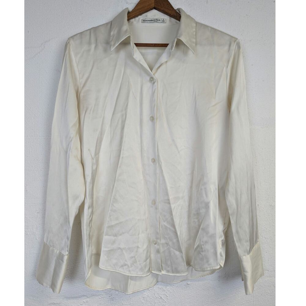 Abercrombie Fitch Satin Button Up Shirt Ivory White Oversized Luxe Womens Small